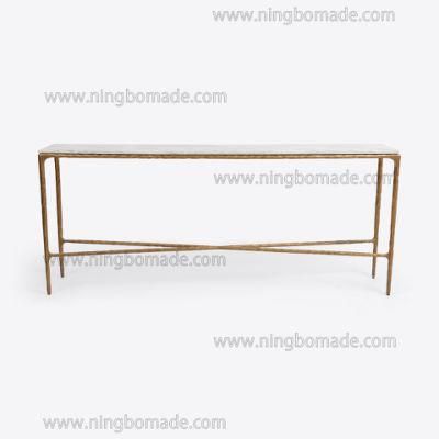 Rustic Hand Hammered Collection Furniture Forged Solid Iron Metal with Brass Color Thick Nature White Cloud Marble Rectangle Side Table