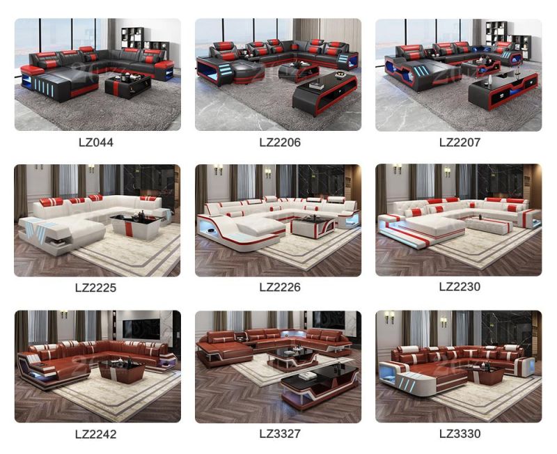 Functional LED Living Room Furniture Leather Sofa Set Sectional Couch Modern U Shape Corner Sofa