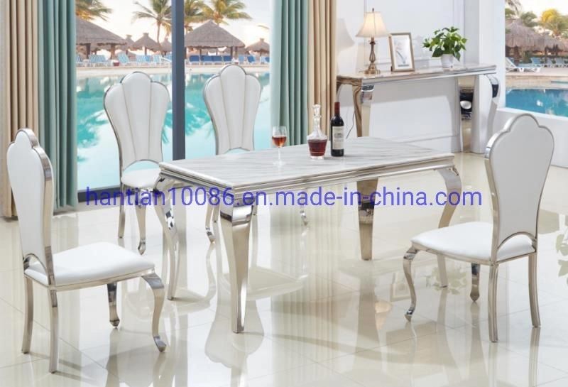 Rectangle Stainless Steel Mirror Marble Top Wedding Table with Four Living Room Chairs