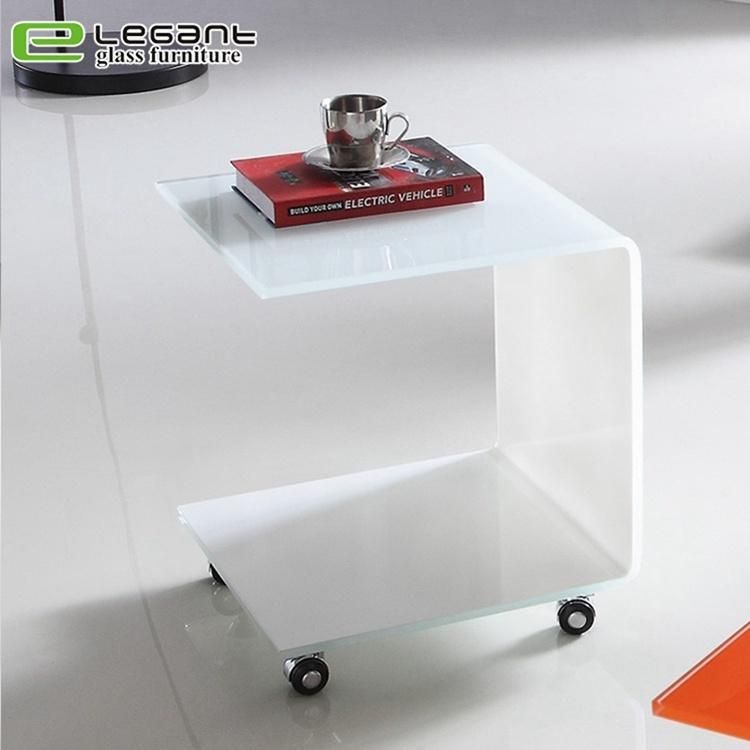 C Shape Green Glass Side Table with Wheels