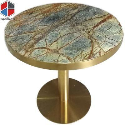 Wholesale Modern Coffee Table Forest Brown Marble Top Gold Edge Metal Leg