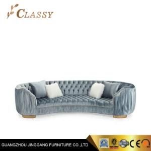 Velvet Chesterfield Sofa Furniture with Round Armrest in Tassel Drape Design and Metal Base