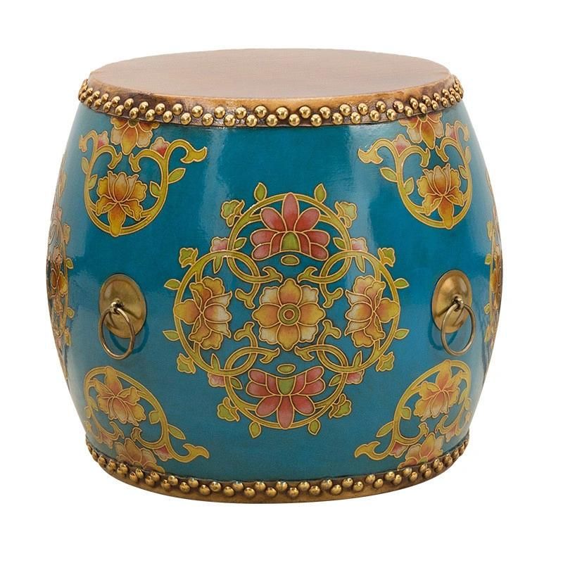 Chinese Vintage Distressed Drum Painting Coffee Table