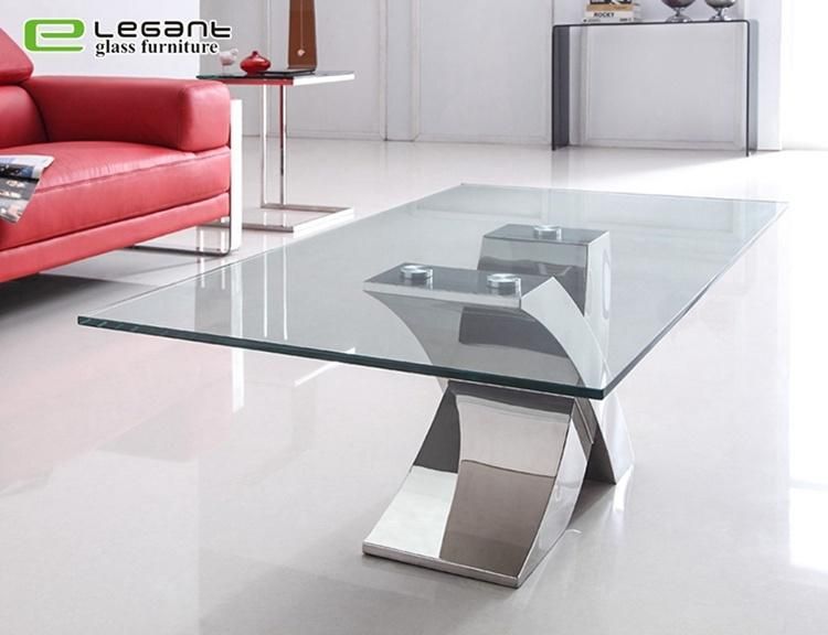 Clear Tempered Glass Coffee Table with Polished Stainless Steel Base