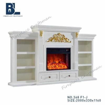 White Wooden Electric Fireplace Mantel Shelf Stand with Gold Resin Carving for Living Room Furniture