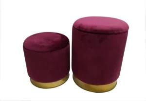 Fashion Modern Round Wine Red Velvet Fabric Seat Makeup Storage Stool Ottoman
