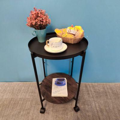 Hot Sales 2 Tiers Black Drinks Trolley Metal Wood Side Table with Removable Basket