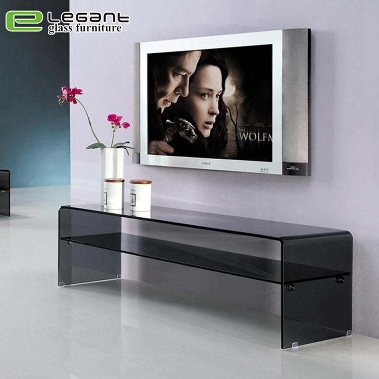 Glass LCD TV Stand with Walnut Wood Veneer Drawers