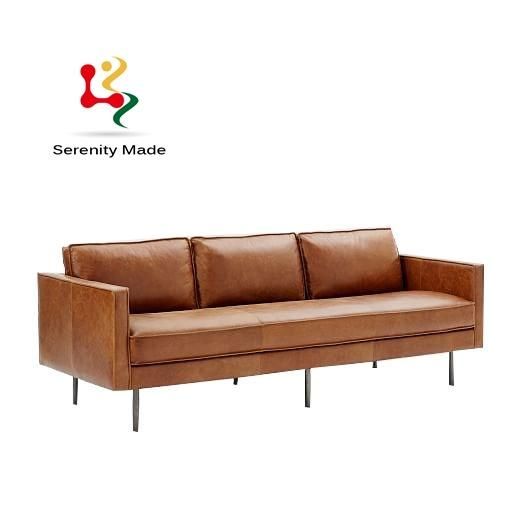 Vintage Style Brown Leather Upholstered Metal Legs 5 Seats Couch Sofa for Living Room