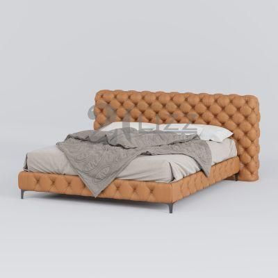 Luxury Modern Bedroom Orange Frame Fabric Top King Size Fabric Velvet Bed with Big Headboard