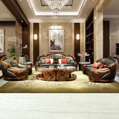 European Style Sofa Leather Villa Wood Large Apartment Carved Living Room