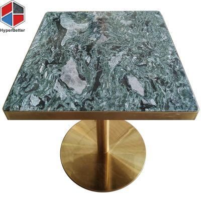Wholesale 4 Seater Square Green Dinner Granite Table Golden Stainless Steel Frame and Metal Base