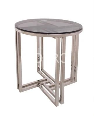 Silver Stainless Steel End Table with Black Glass Top