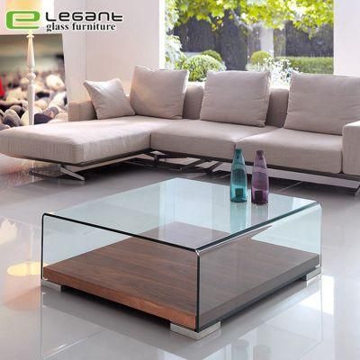Curved Glass Center Table with Walnut Wood Veneer Base