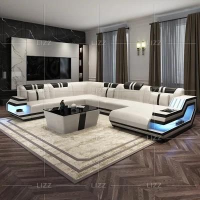High End European Leisure Home Furniture Modern Simple U Shape Geniue Leather Sofa Couch Set with LED Light
