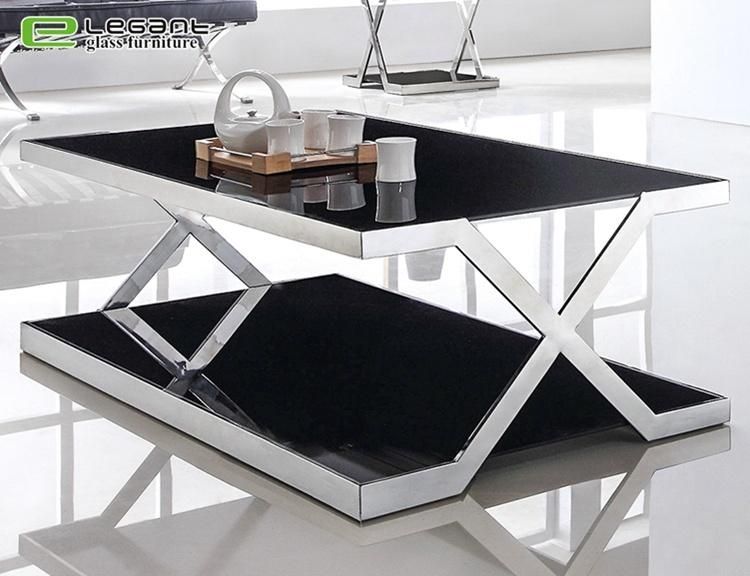 Shiny Stainless Steel Coffee Table with Tempered Glass Top