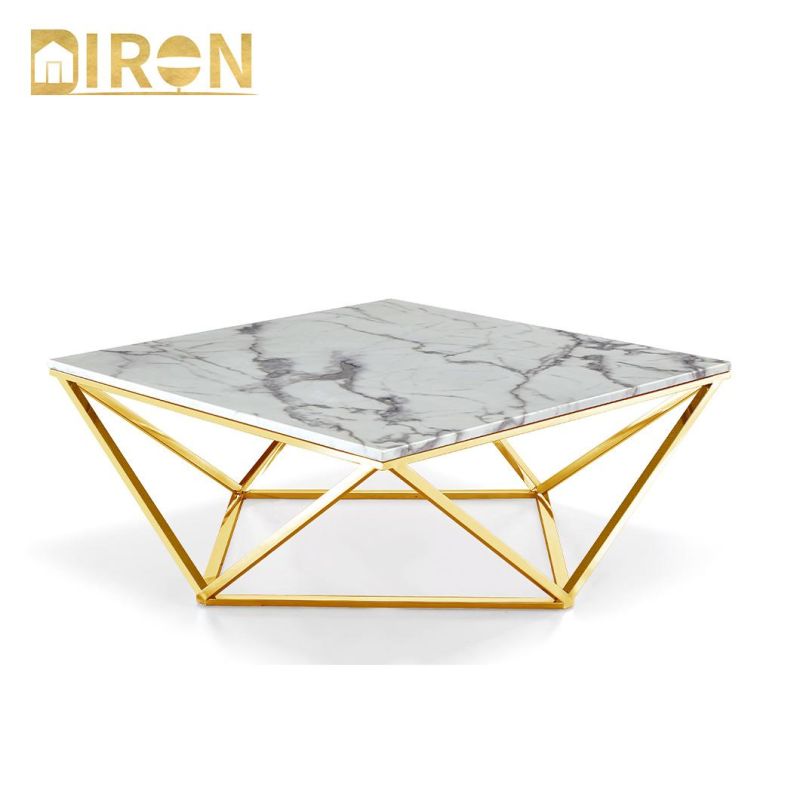 Modern Design White Square Marble Coffee Table with Gold Stainless Steel Base