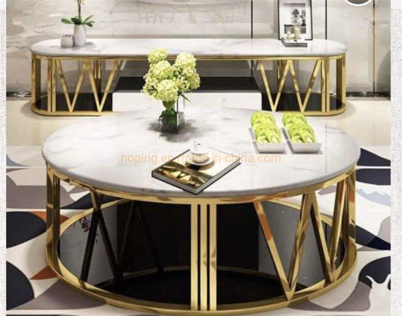 Marble Round Net Decoration MDF Stainless Steel Living Room Center Side End Tea Coffee Table Tempered Glass Modern Home Furniture