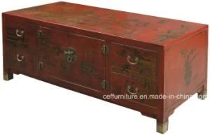Antique Reproduction Oriental Chinese Red Leather TV Stand