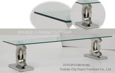 Hot Selling Stainless Steel Reverse Double C TV Stand with Glass Countertop