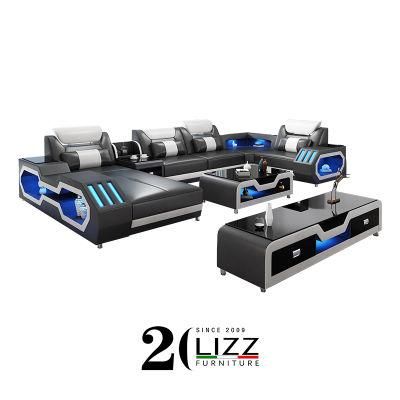 Home Furniutre U-Shaped Function with Bluetooth Speaker and LED Light Leather Sofa Set