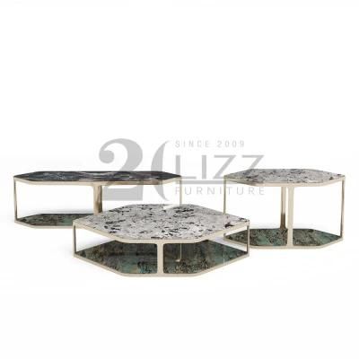 Latest Design Nordic Luxury Gold Metal Stone Home Furniture Modern Hexagonal Coffee Table with Storage