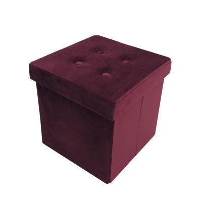Living Room Velvet Folding Pouf Storage Ottoman with Buttons