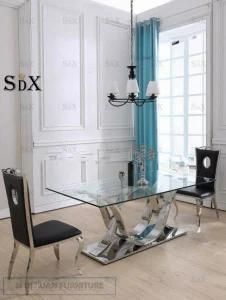 Modern Luxury Home Living Dining Room Furniture Glass on Top Stainless Steel Dining Table Sets