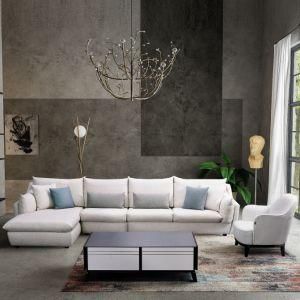 White Corner Fabric Sofa with Solid Wood Legs for Living Room