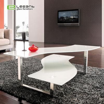 Art Double-Deck Center Table White Painting Tempered Glass Coffee Table