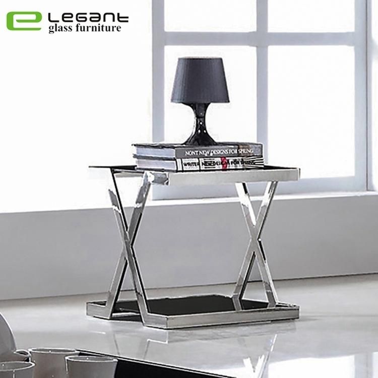 Stainless Steel End Table with Grey Tempered Glass Top