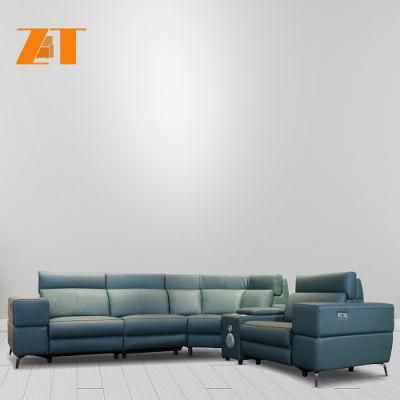 Modern Italian Style Home Living Room Function Furniture 4 Seat Genuine Leather Recliner Leisure Corner Sofa with Console