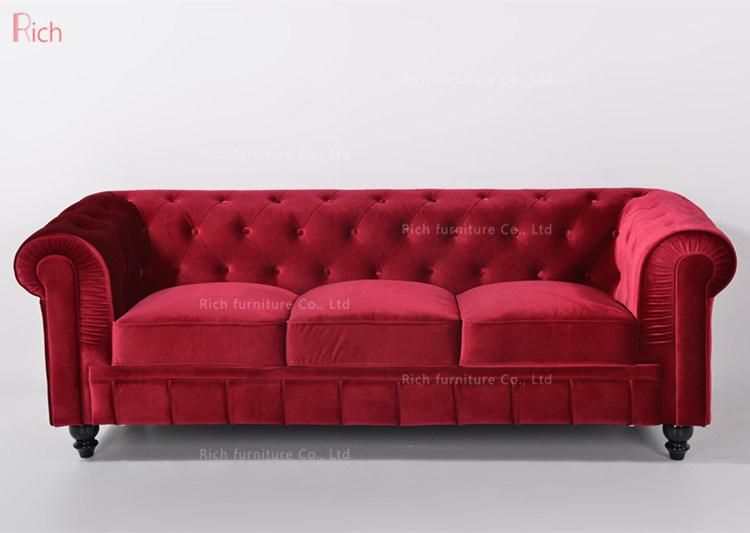 Home Furniture Living Room Modern Red Fabric Velvet Chesterfield Sofa Leisure Couch Set Hotel Bedroom