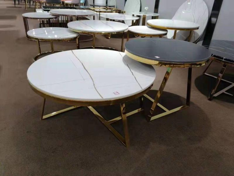 Hot Sale Low Price Light Luxury High Quality Coffee Round Marble Dining Tables with 304 Stainless Steel Legs