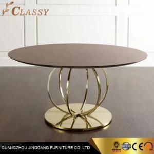 Modern Hotel Coffee Side Table in Round Wood Veneer Top with Golden Stainless Steel Based