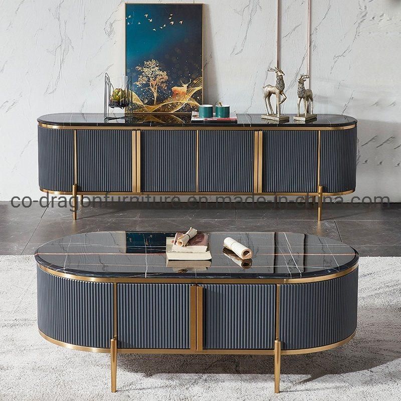 Modern Luxury Furniture Oval Wooden Coffee Table with Marble Top