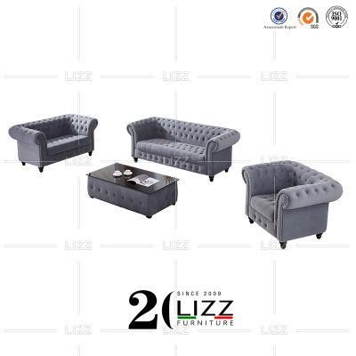 European UK Style Living Room Furniture Set Leisure Chesterfield Velvet Fabric Sofa