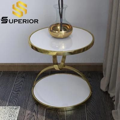 Hotel Furniture Gold Frame Round Glass Bed Side Table