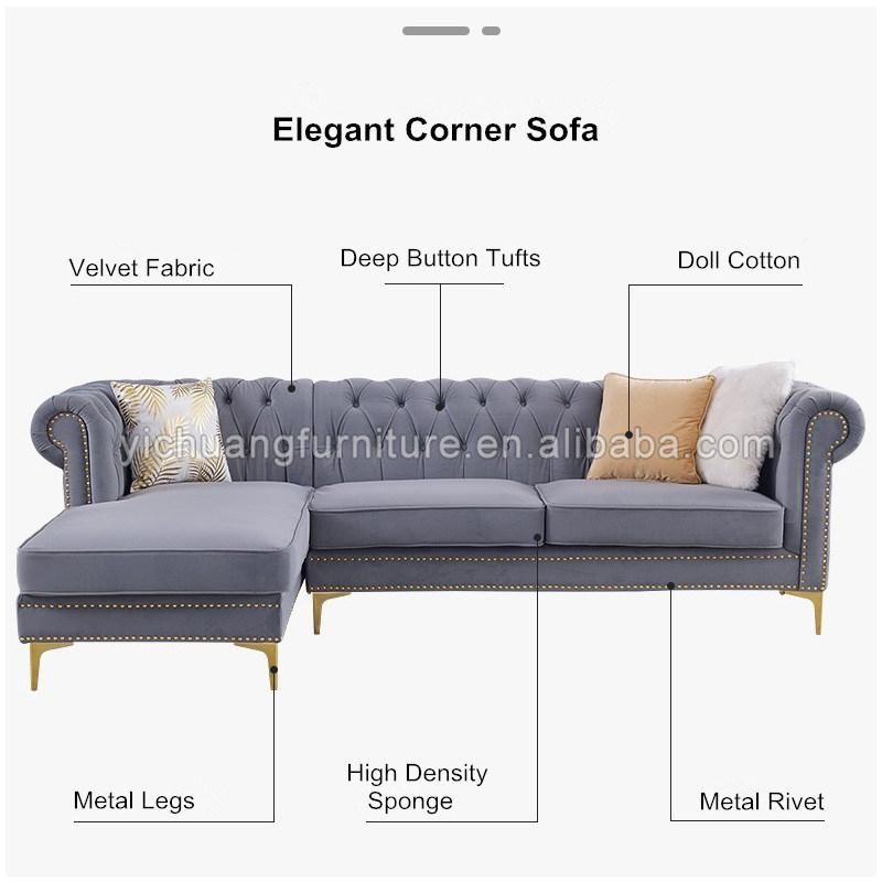Comfortable Elegant Blue Velvet Fabric Chesterfield Modern Living Room Corner Sofa