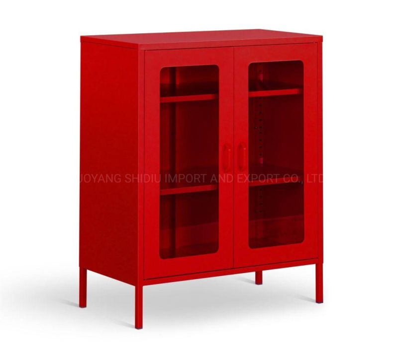 Living Room Use Red Glass 2 Doors Accent Cabinets Storage Cabinets