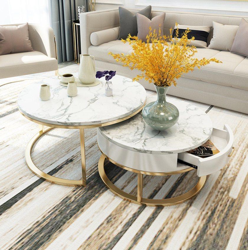 Luxury Round Coffee Table Sets Living Room Stainless Steel Furniture Marble Side Table
