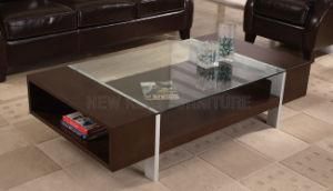 Stylish Clear Glass Wood Base Square Center Coffee Table Modern (NK-CTB016)