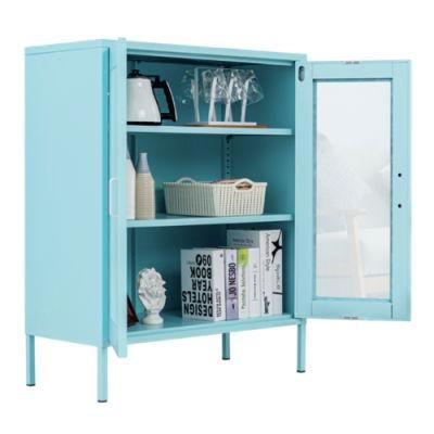 Modern Metal Blue 3 Shelf Vertical Home Furniture Storage Cabinet Mesh Door