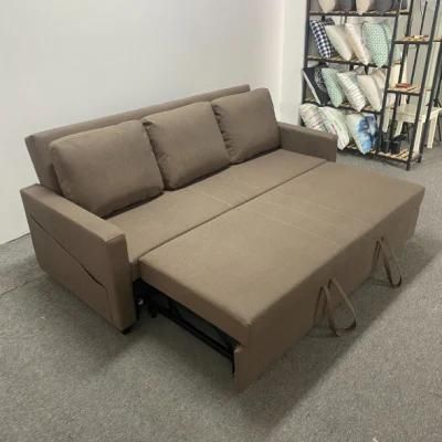 Modern Minimalist Brown Cotton and Linen Three-Seat Sofa Living Room