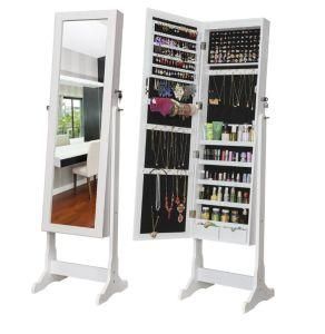 White Wooden Feet Stnading Jewelry Armoire Mirrored Cabinet with Nerrow Frame Design and Small Drawers