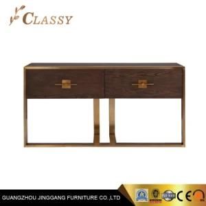 Oak Cabinet Console Table with Drawers and Golden Stainless Steel Frame