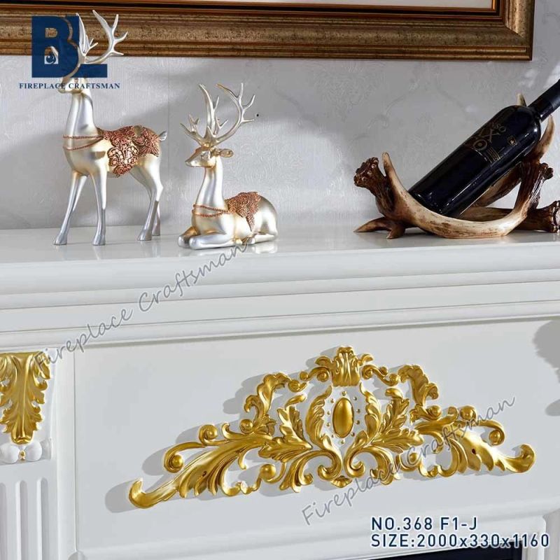 White Wooden Electric Fireplace Mantel Shelf Stand with Gold Resin Carving for Living Room Furniture