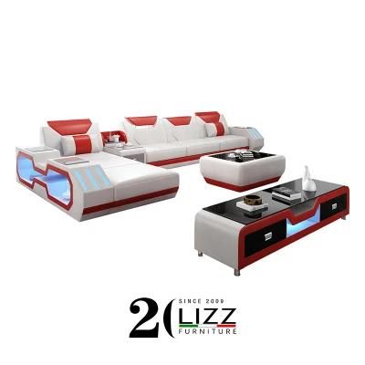 European Style Modern Design Home Furniture Leather Sectional LED Sofa with USB Charger &amp; Bluetooth Speaker