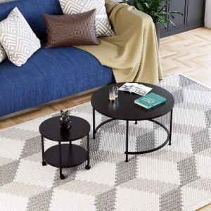 Modern Metal Frame with Wheels, Round Coffee Table with Waterproof Countertop
