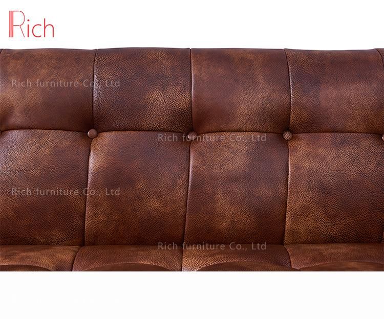Modern Lounge Design Furniture Vintage Brown Leather Loveseat Couch Living Room Wooden Sofa